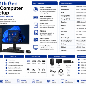 Intel i5 11th Gen Desktop Computer Server Setup – 16GB RAM / 256GB SSD / 1TB HDD / 4GB Graphics / 24 Inch Monitor