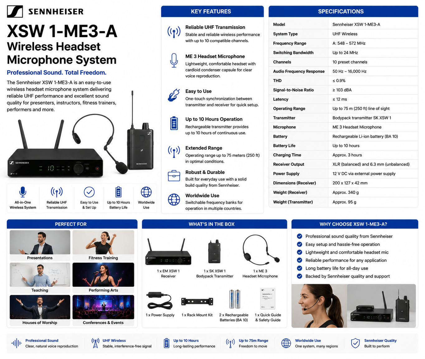 Sennheiser XSW 1-ME3-A Wireless Headset Microphone System