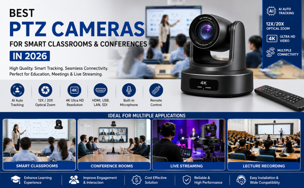 Top PTZ Cameras for Smart Classrooms and Conferences 2026 with AI Auto Tracking, 4K Ultra HD, Optical Zoom and Live Streaming Features