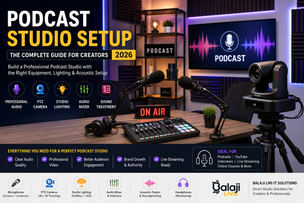 Podcast Studio Setup Guide 2026 with microphones, PTZ camera, audio mixer and professional podcast equipment