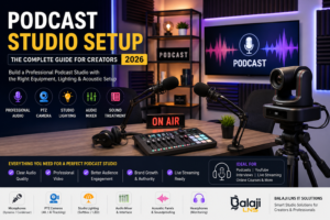 Podcast Studio Setup Guide 2026 with microphones, PTZ camera, audio mixer and professional podcast equipment