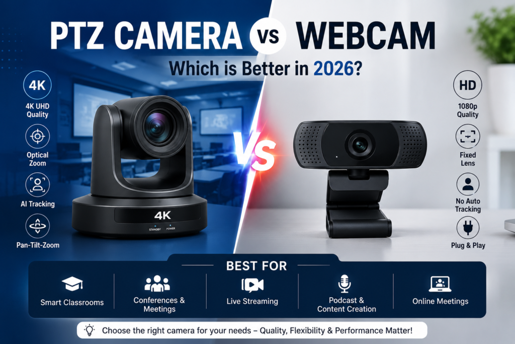 PTZ Camera vs Webcam comparison showing 4K PTZ camera with AI tracking and webcam for live streaming, video conferencing, smart classrooms, and podcasting in 2026.