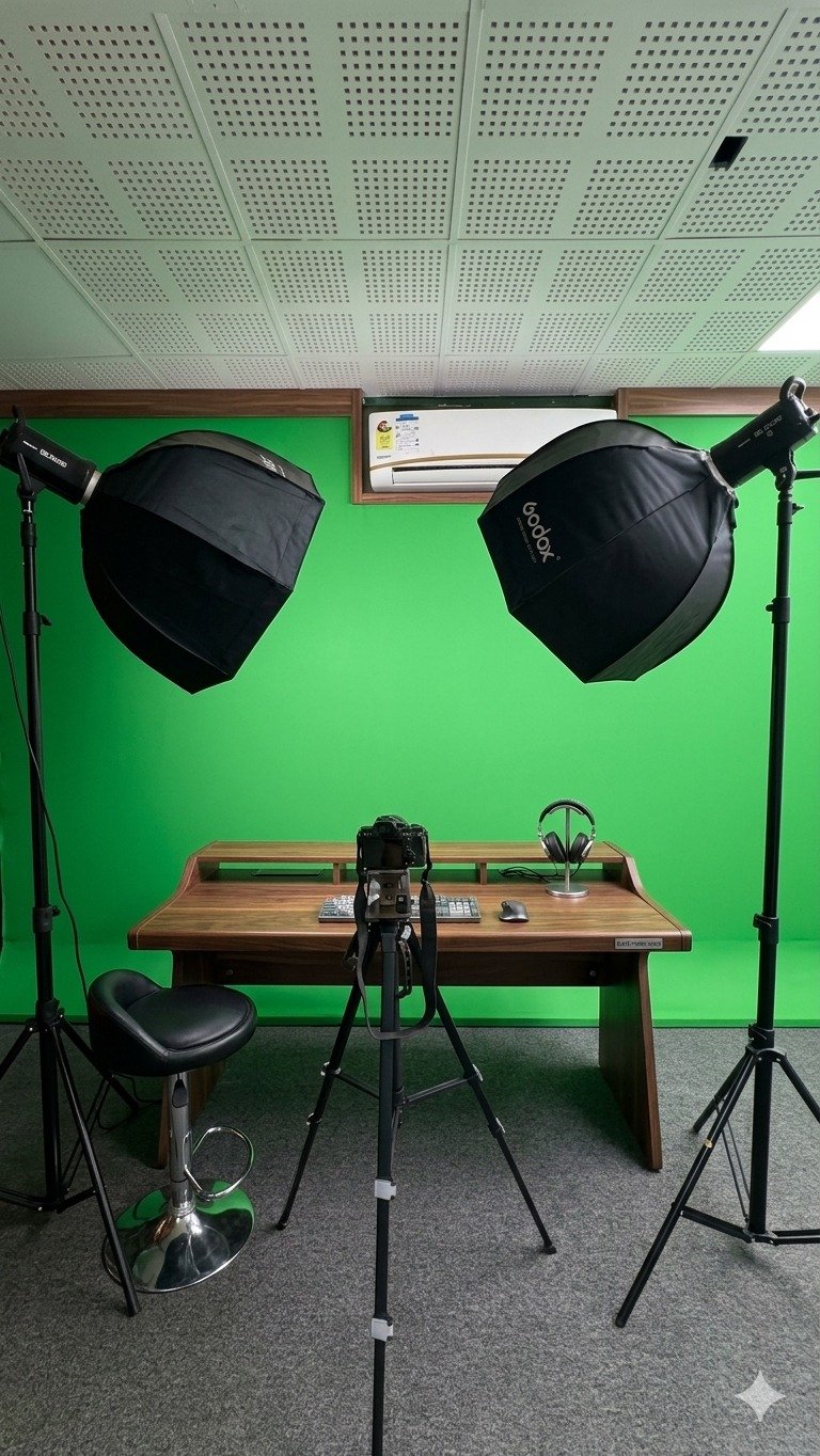 Professional green screen podcast studio setup with softbox lighting, camera tripod, recording desk, and content creation equipment.